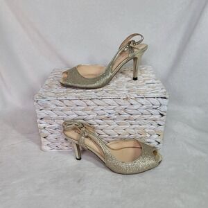 Fairycore Glitter Bling Slingback Heels Gold Metallic Marc Fisher Formal Size 7M